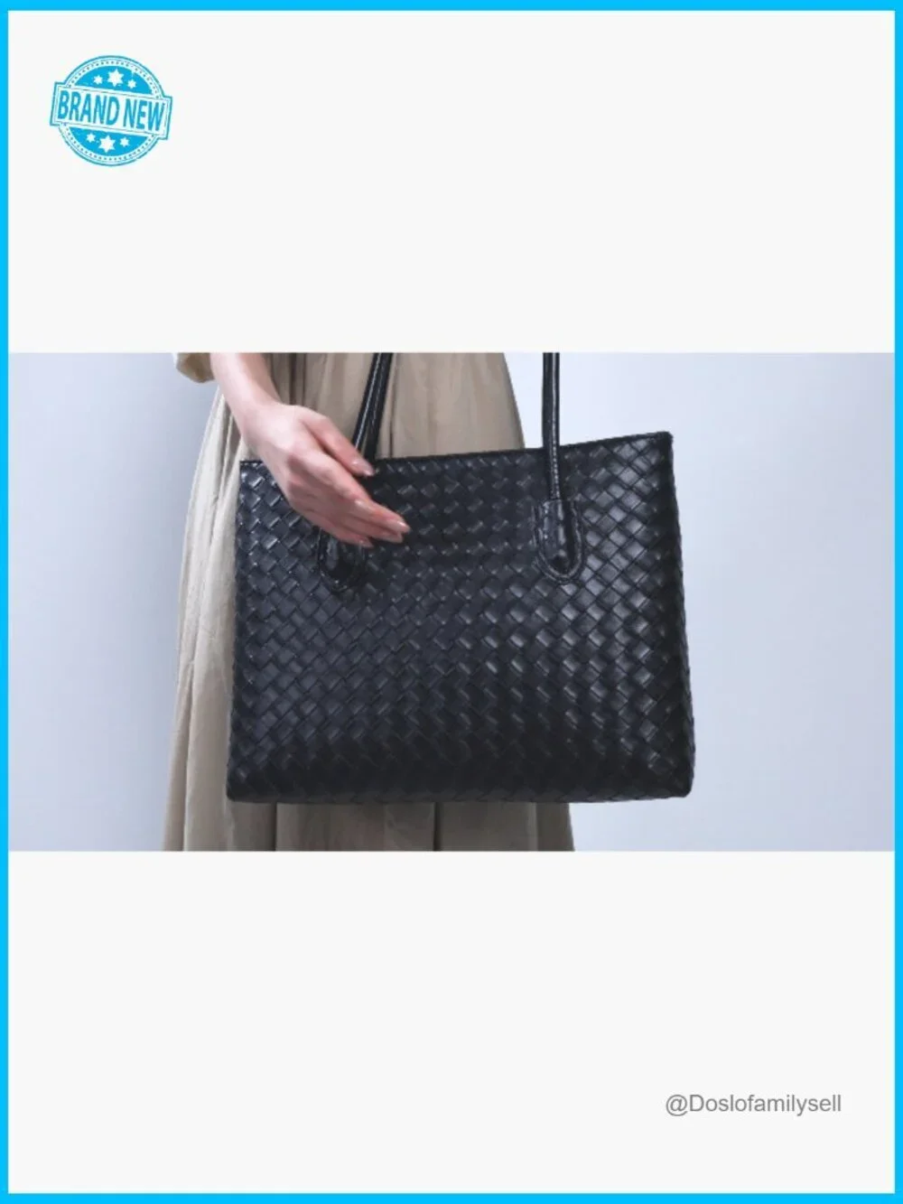 Woven Tote Bag with Zipper & Matching Pouch, Vegan Leather Weekender, Large